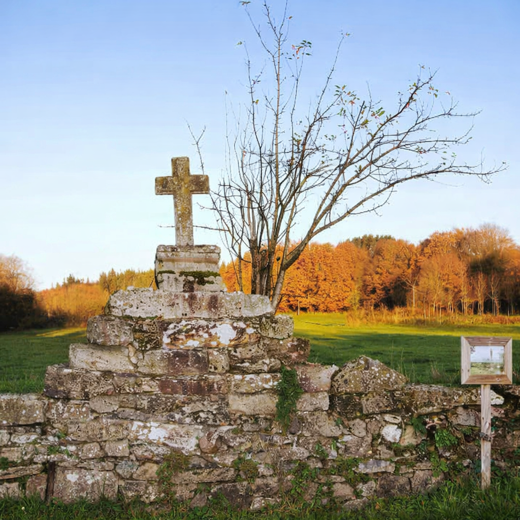 Cruz de piedra tradicional en A Serra de Ligonde, paisaje rural del Camino de Santiago Francés cerca de Palas de Rei, Lugo.